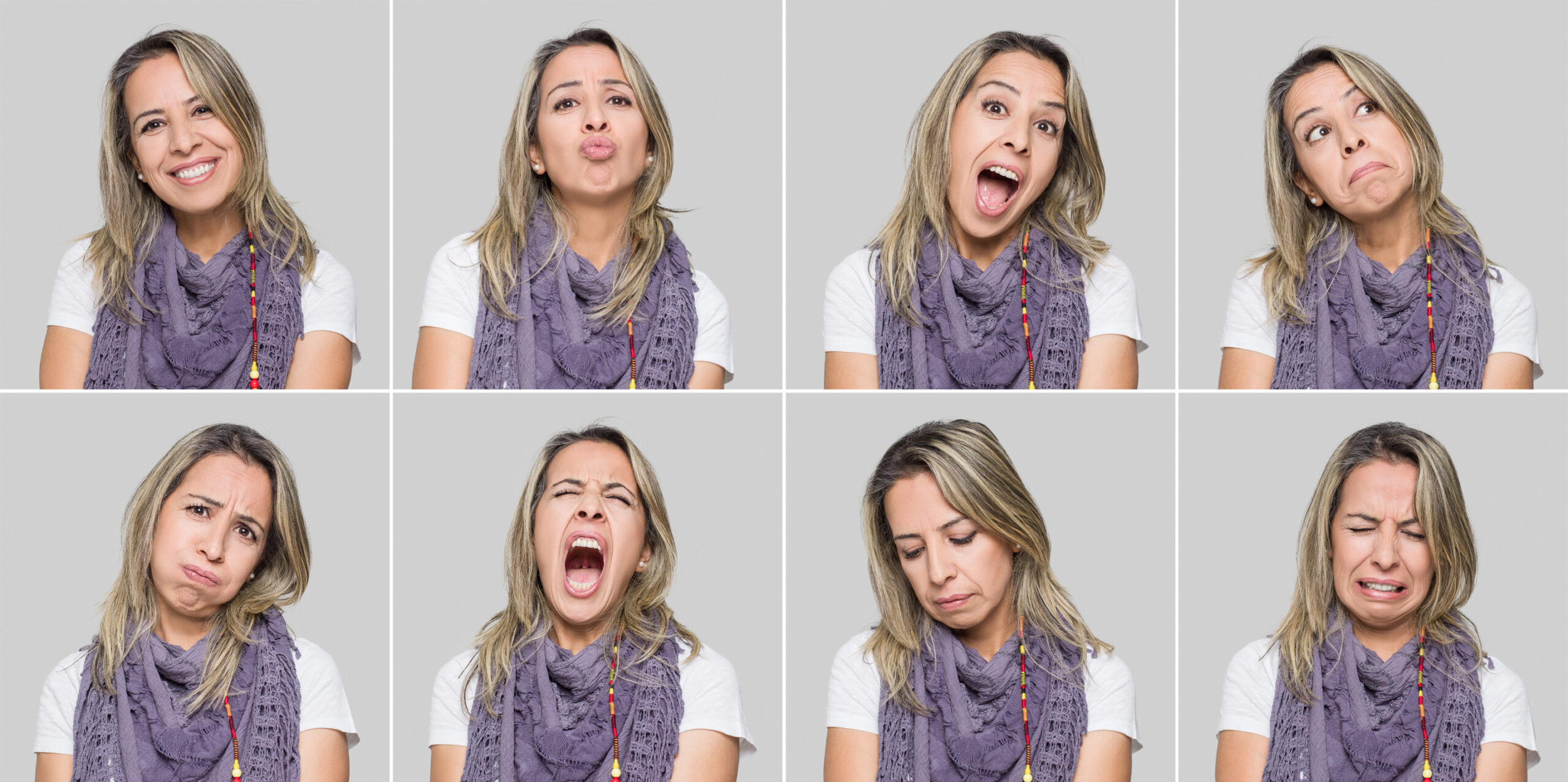 Six images of the same woman with various facial expressions, highlighting the importance of eyebrows in conveying emotions and how they frame the face, from surprise to neutral, joy, and frustration.