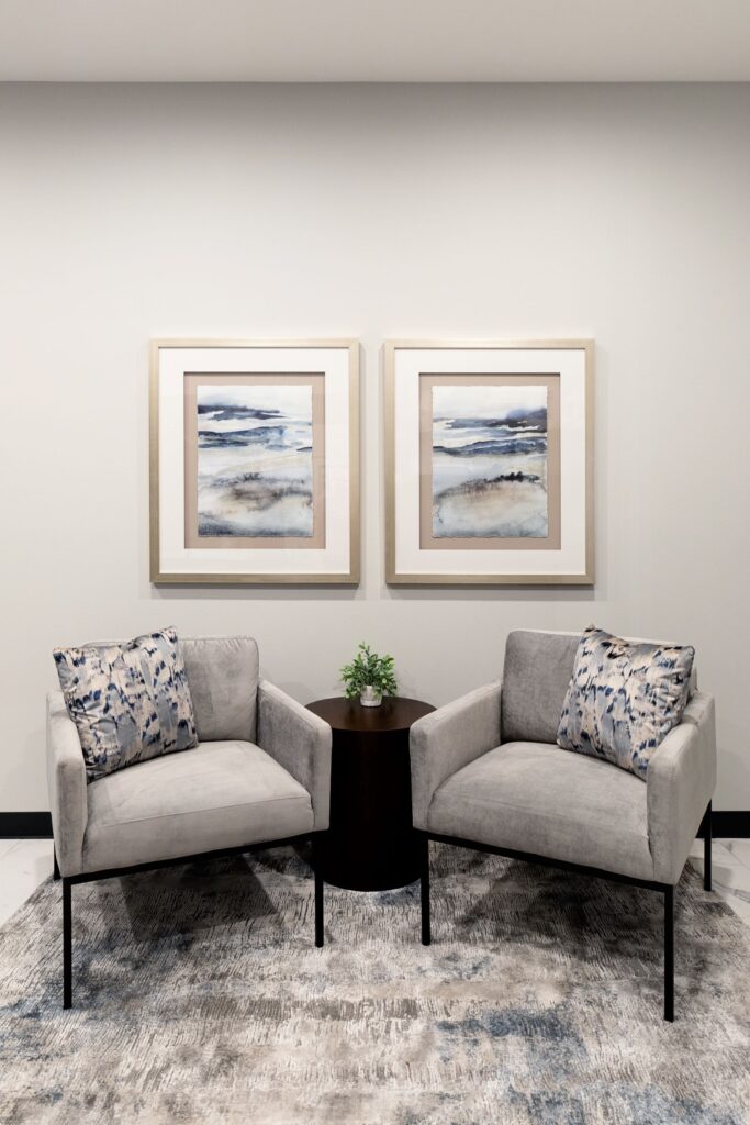 Two grey modern cushion chairs with grey and blue pillows, a round table with a plant, set on a grey and blue rug, with framed art on the wall that complements the color scheme.